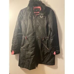 Black Rivet Quilted Lined Hoodie Long Coat Jacket Size Small S Black